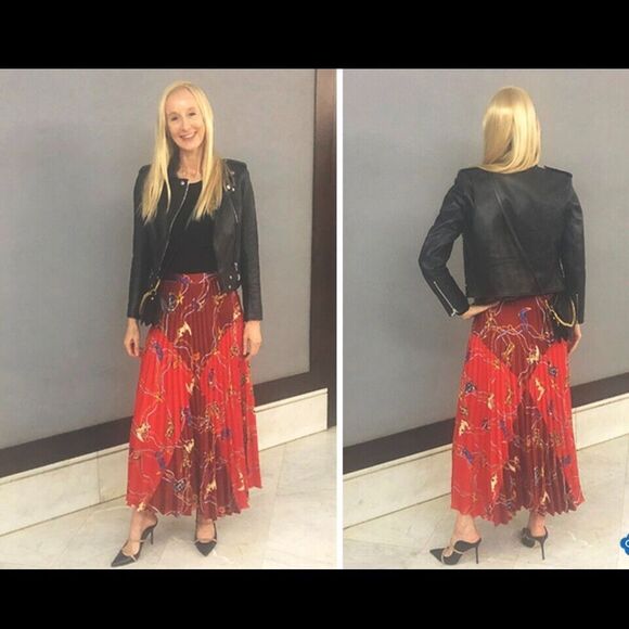 SANDRO Cowboy Boots Print Pleated Red Midi Skirt Size 1 US Small ($295) - Picture 13 of 13